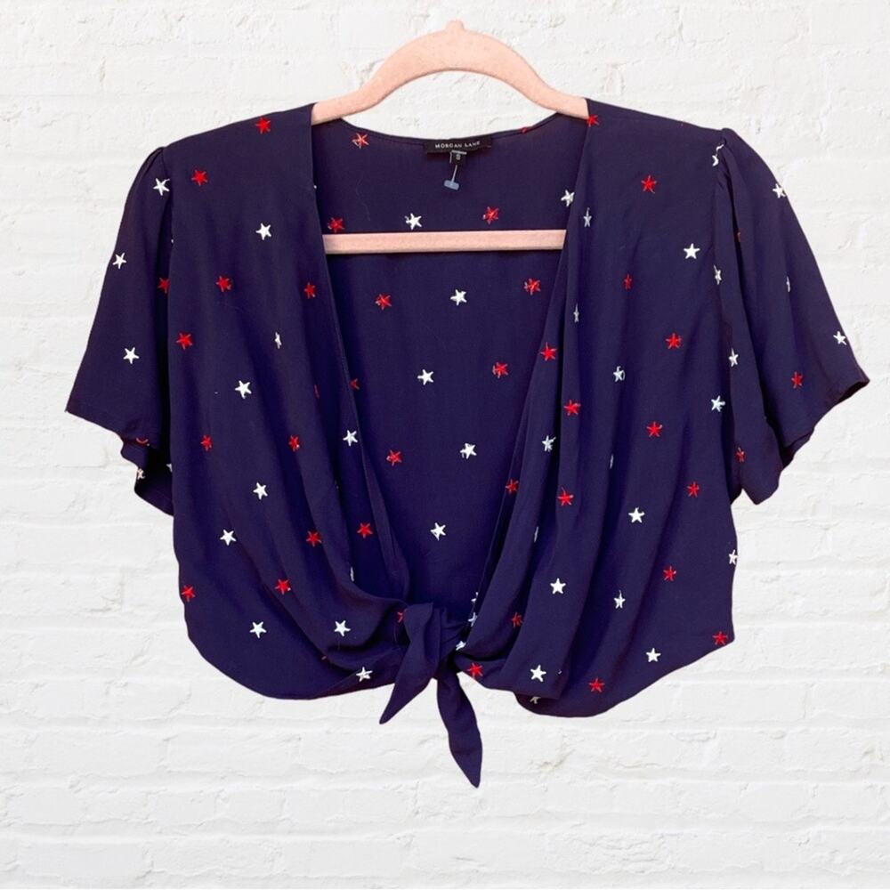 Morgan Lane cropped blue tie front top with embroidered stars print